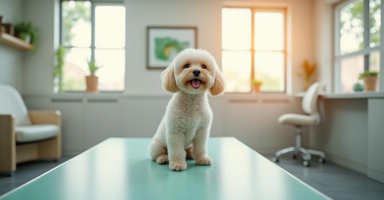 A warm and inviting interior view of AstroPaws Grooming salon with soft lighting and professional grooming stations.