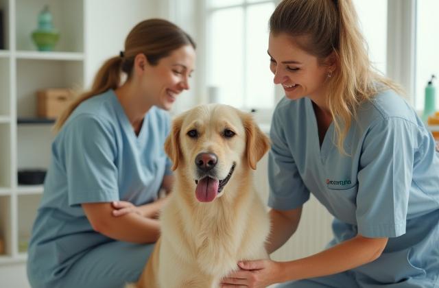 A friendly groomer at AstroPaws Grooming warmly interacting with a pet owner and their well-behaved dog during a pre-grooming consultation in a clean, modern salon setting.