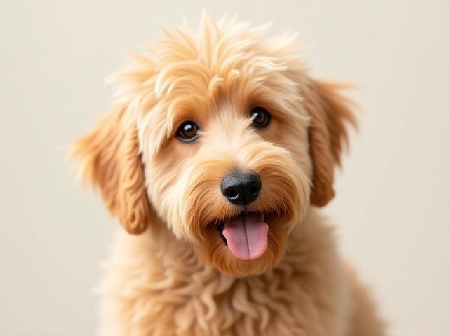 Goldendoodle before grooming, with long, shaggy, and slightly matted fur.