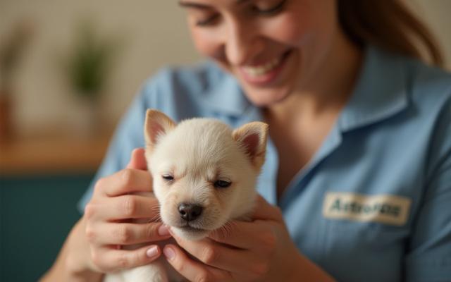 A smiling, gentle AstroPaws groomer tenderly cuddling a small, fluffy puppy, demonstrating patience and trust during an intro grooming session in Queens.
